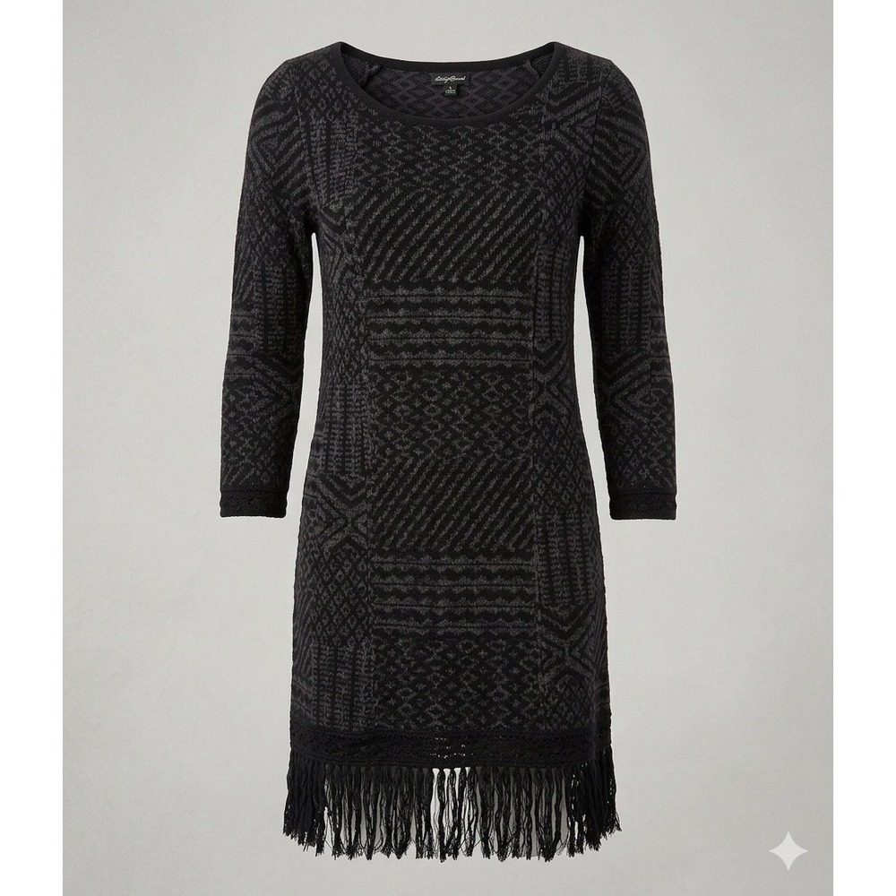 Lucky Brand Women's Long Sleeve Black Dress with Fringed Yarn Bottom. Size S